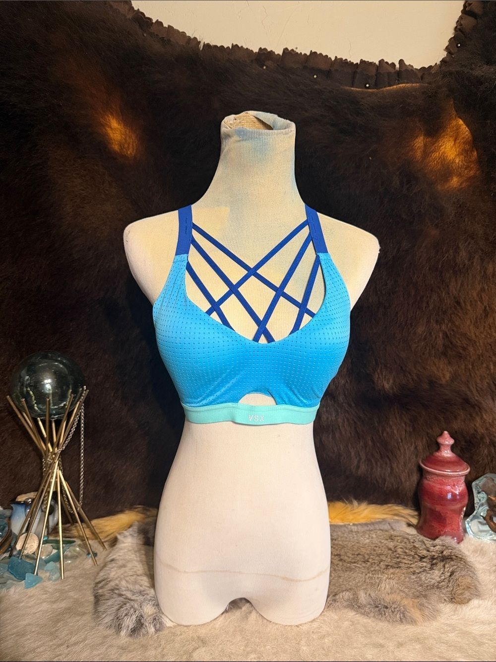 VSX Turquoise & Royal Blue Crisscross Strappy Sports Bra 32C (3180)